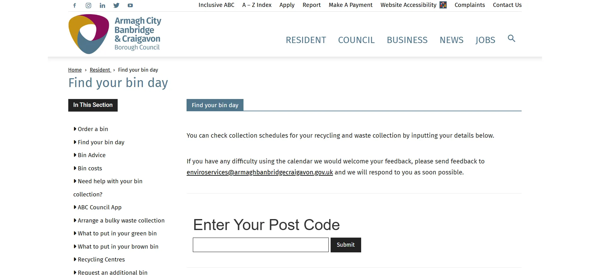 Armagh Banbridge Craigavon Council bin day checker postcode lookup page