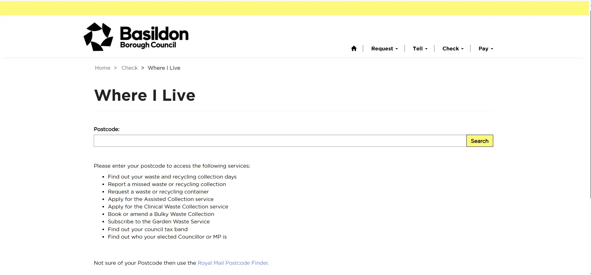 Basildon Council Where I Live bin collection postcode checker page