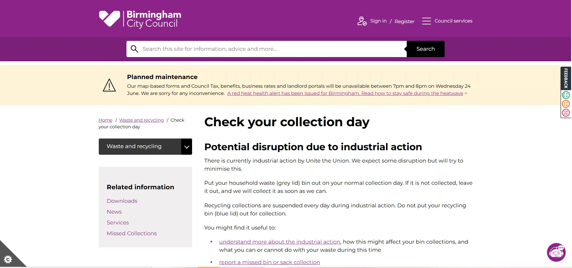 Birmingham City Council bin day checker postcode and address lookup page