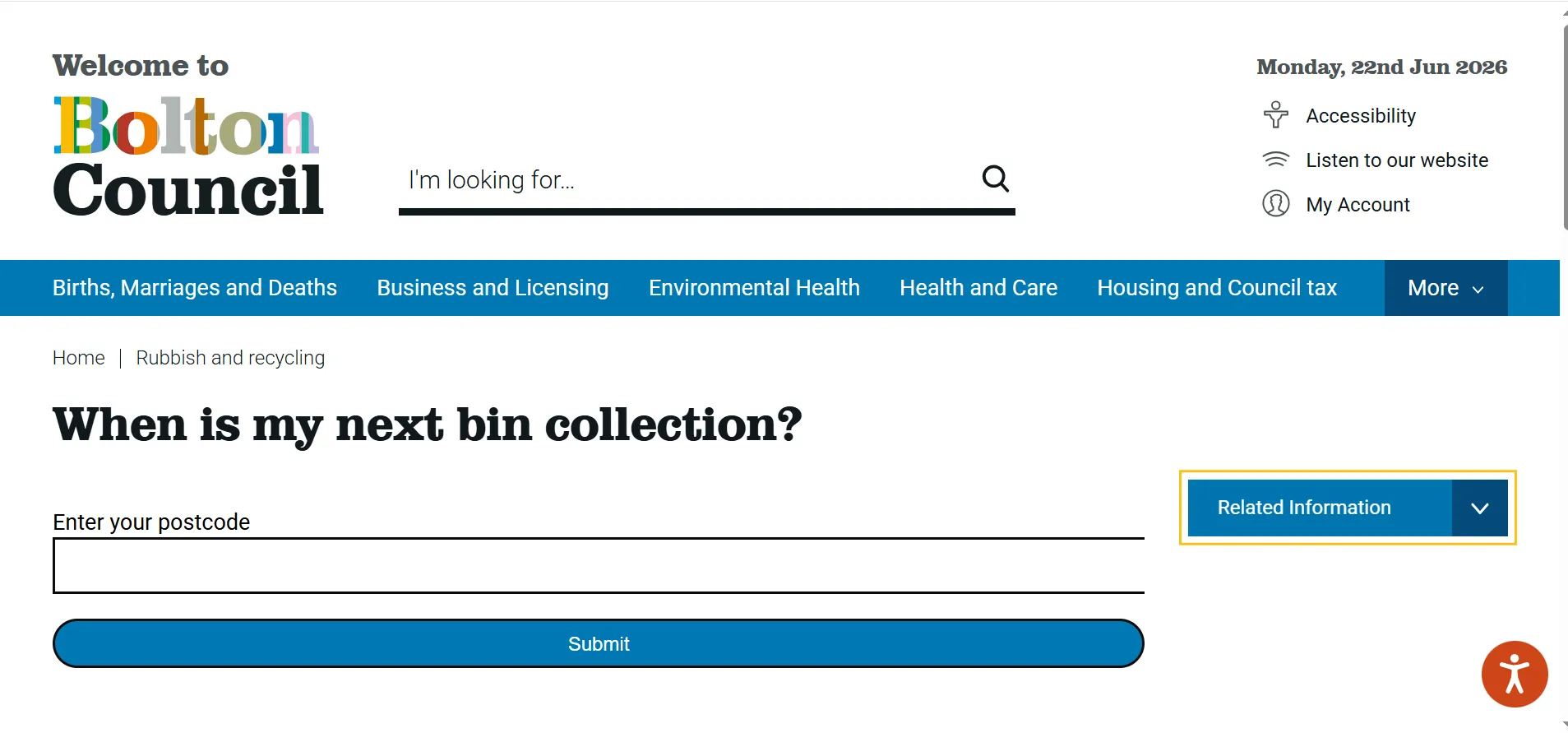 Bolton Council bin collection date checker postcode lookup page