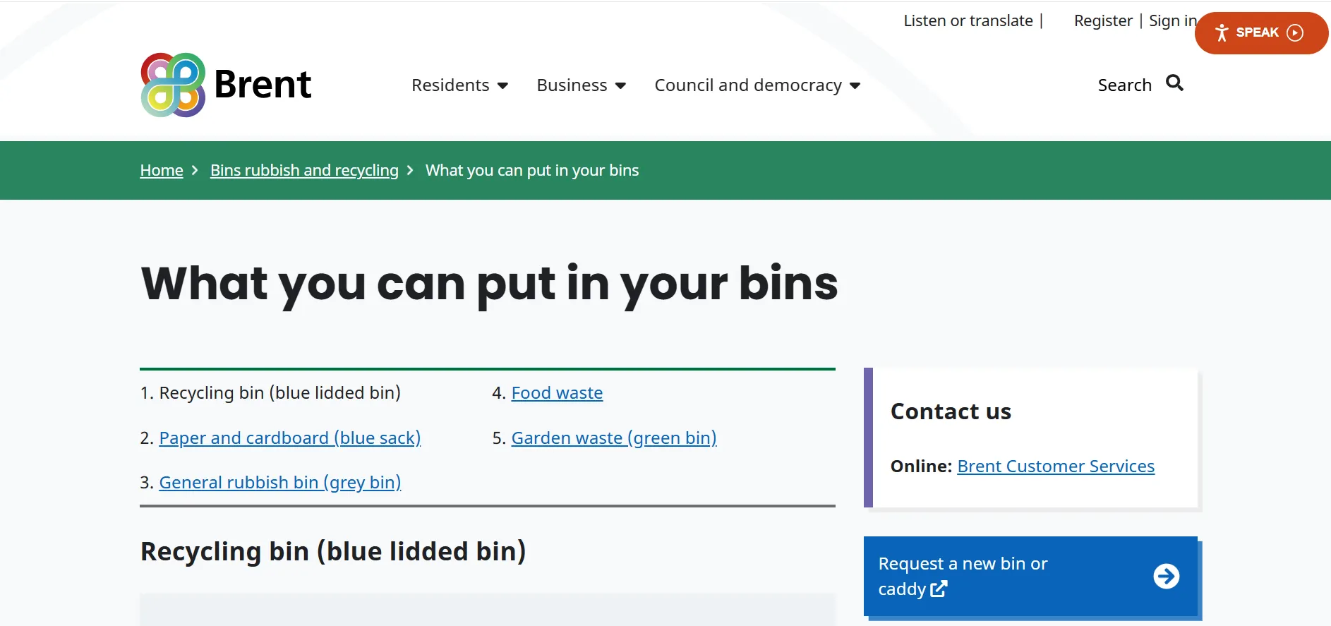 Brent Council bin collection day checker postcode lookup page