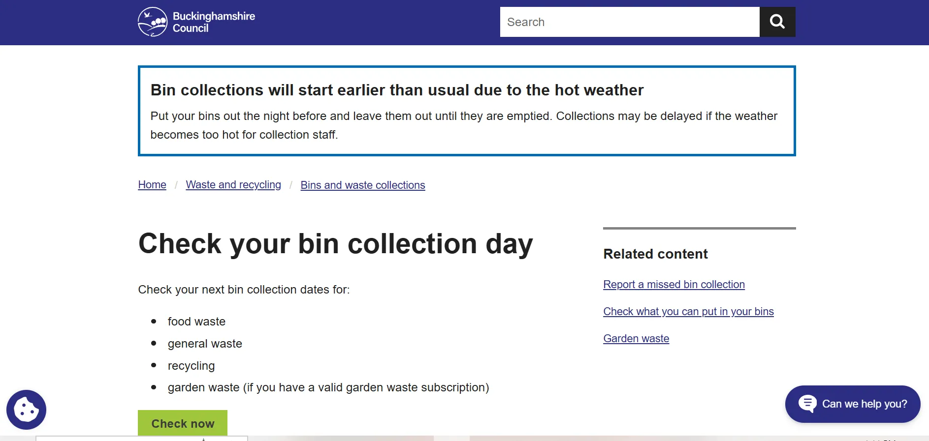 Buckinghamshire Council bin collection day checker postcode lookup page