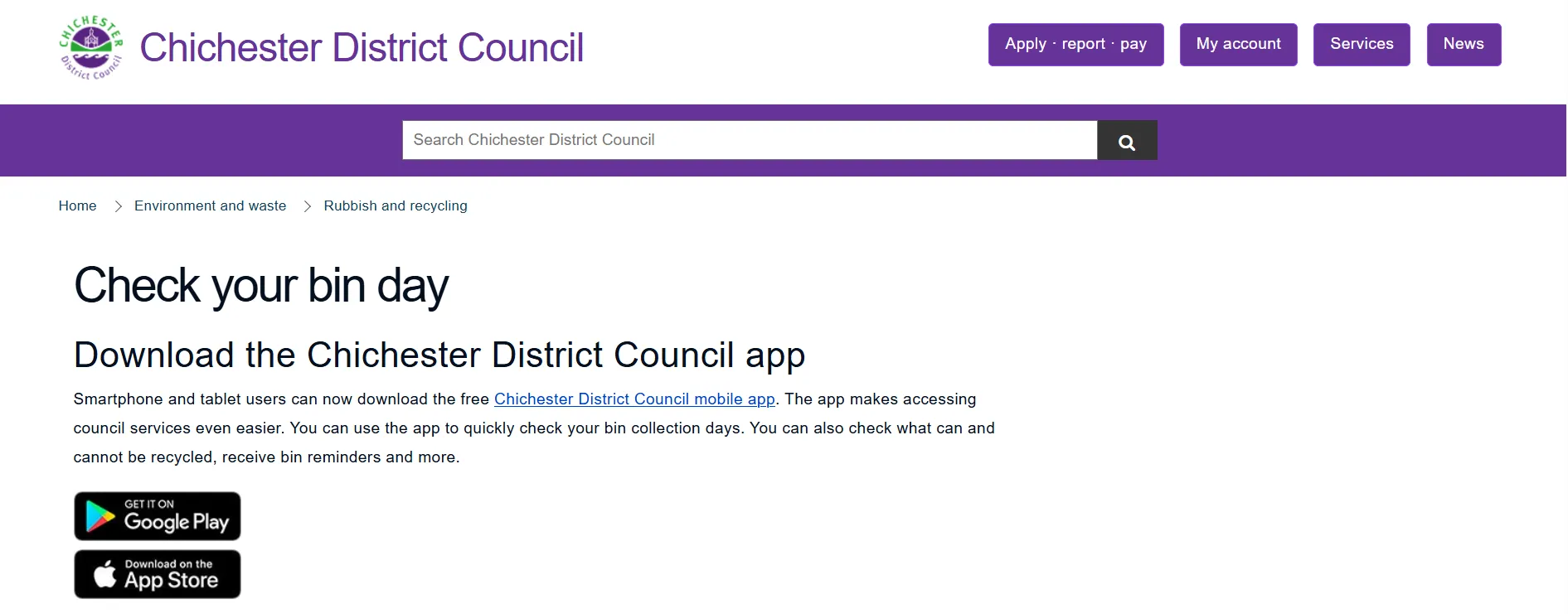 Chichester District Council bin day checker postcode lookup page