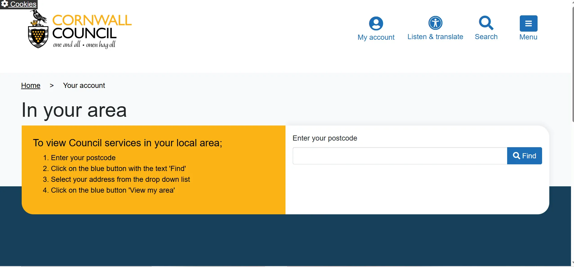 Cornwall Council My Area bin collection postcode checker page