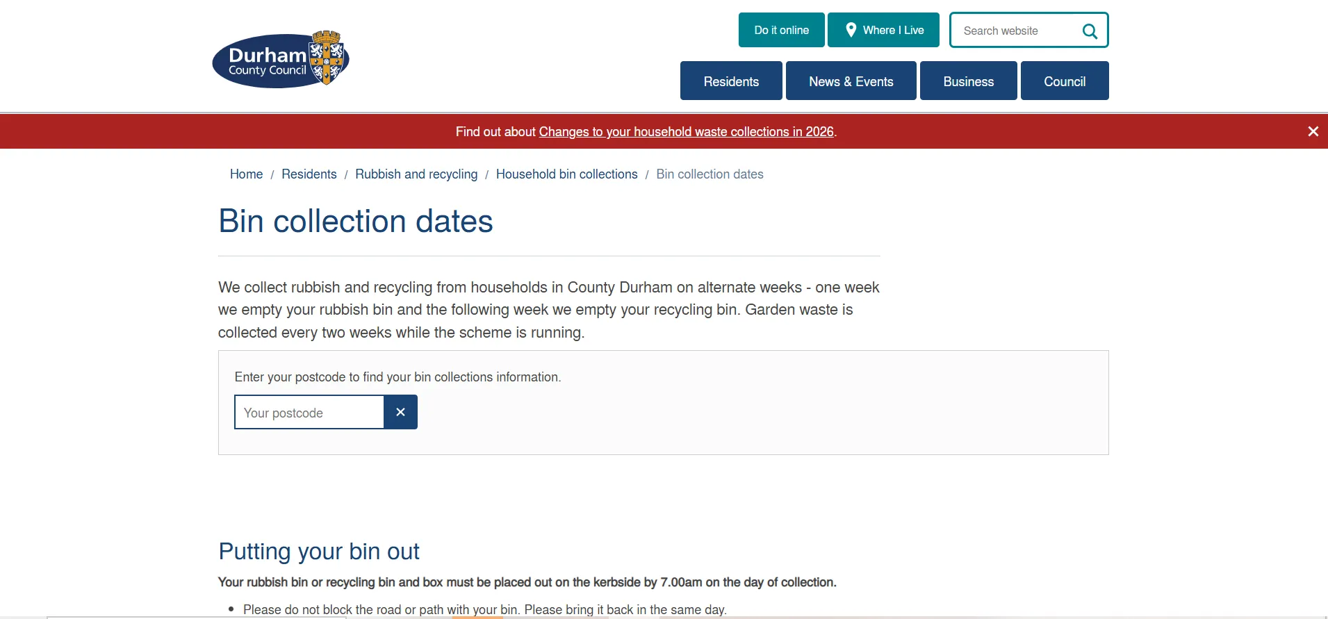 Durham County Council bin collection date checker postcode lookup page