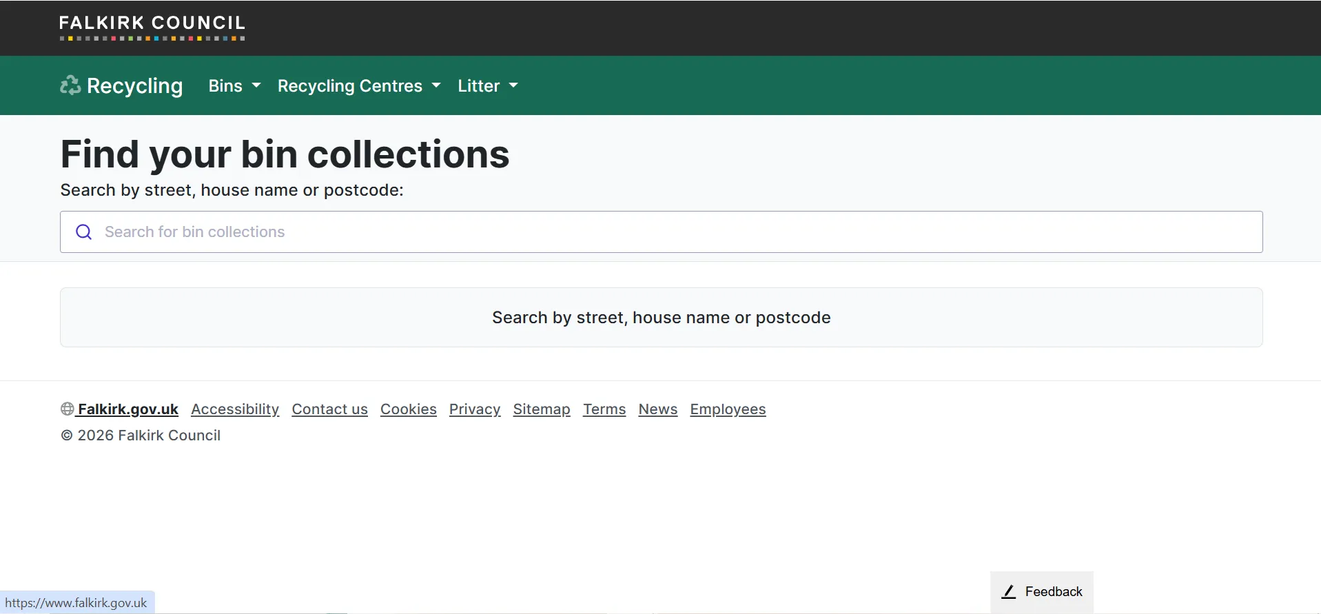 Falkirk Council bin collection schedule checker for street house name or postcode