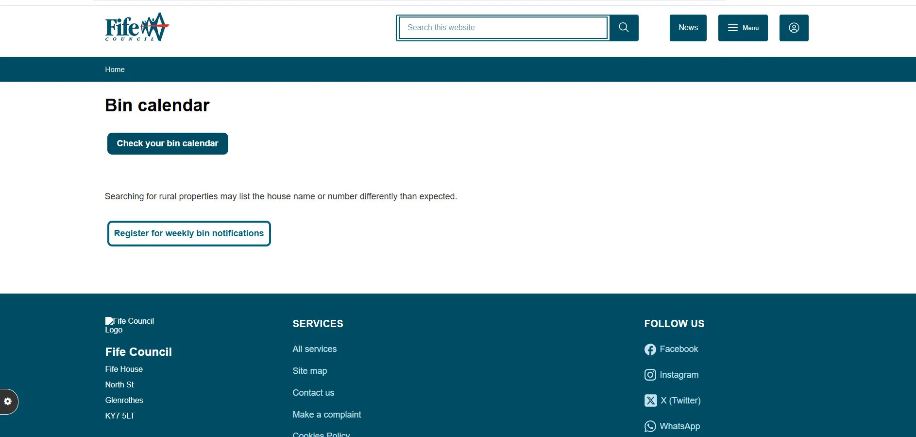 Fife Council bin calendar checker page for postcode and address collection dates