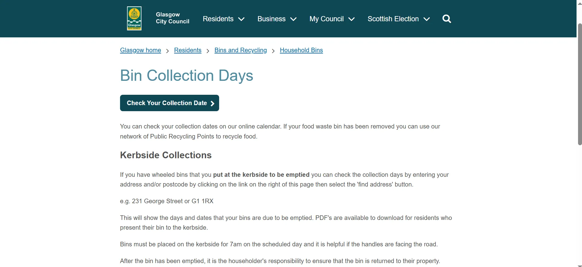 Glasgow City Council bin collection calendar postcode and address lookup page