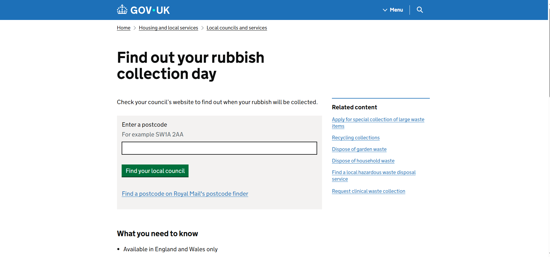 GOV.UK rubbish collection day postcode lookup page for finding council bin schedules