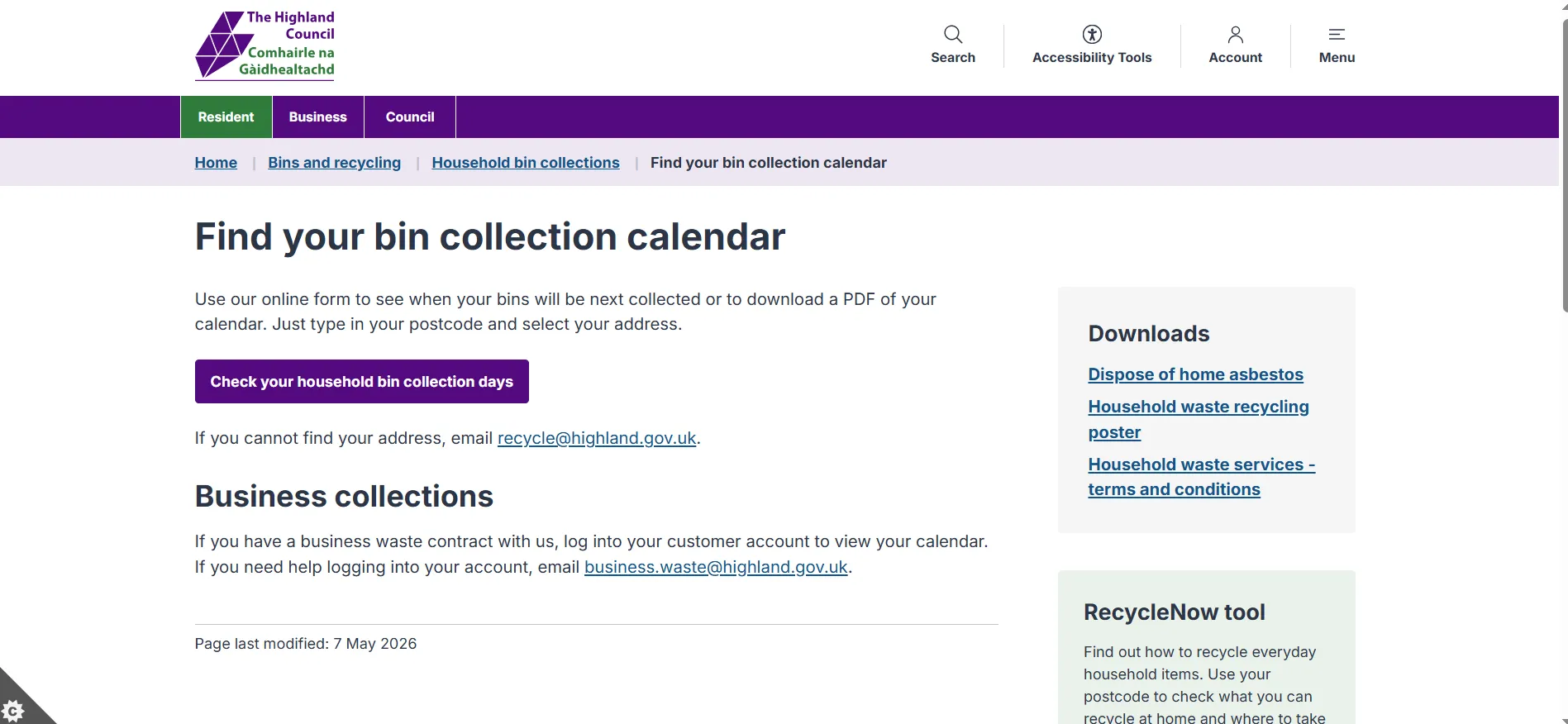 Highland Council bin collection calendar postcode and address checker page