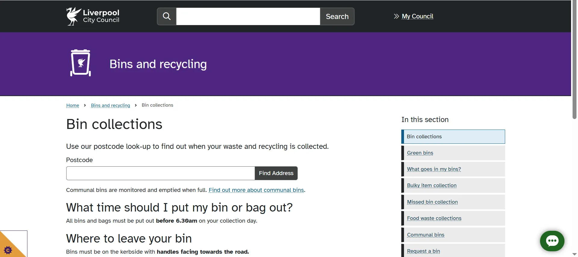 Liverpool City Council bin collection date checker postcode lookup page