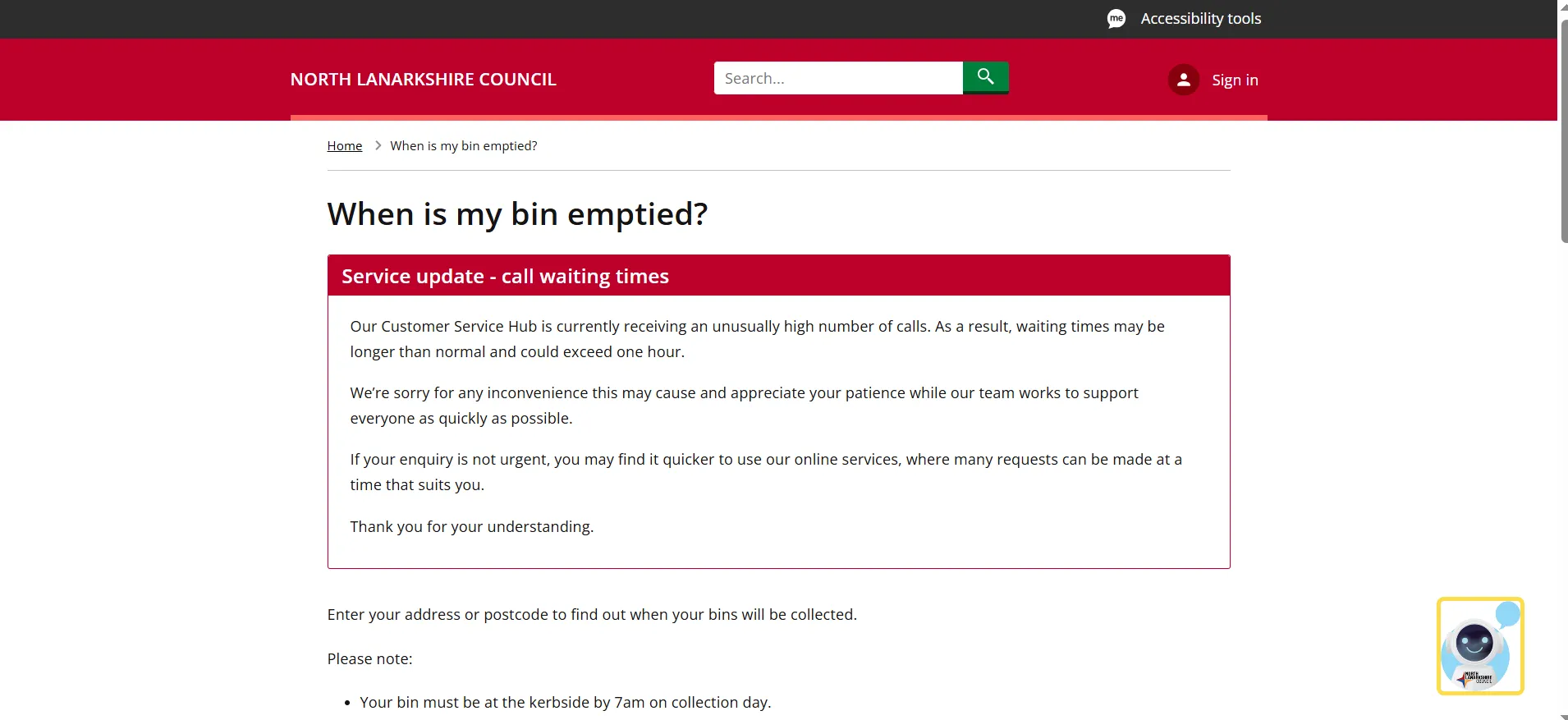 North Lanarkshire Council bin collection schedule postcode and address checker page