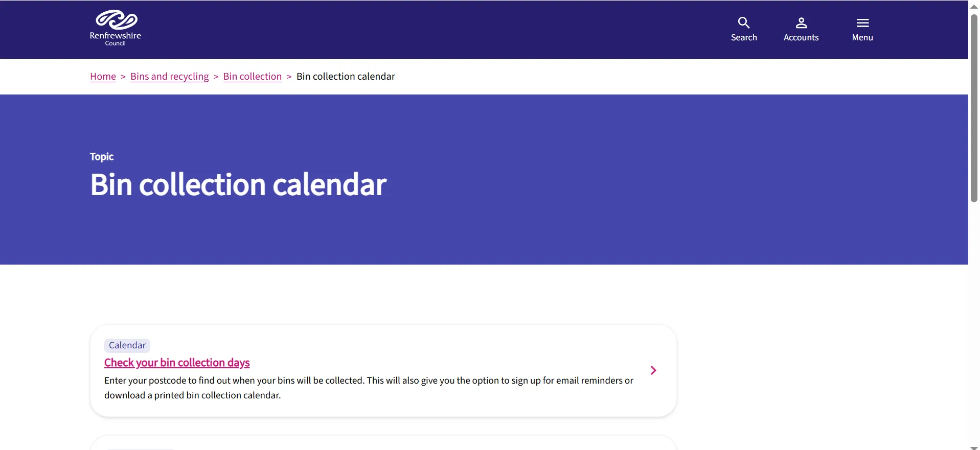 Renfrewshire Council bin collection calendar postcode lookup page