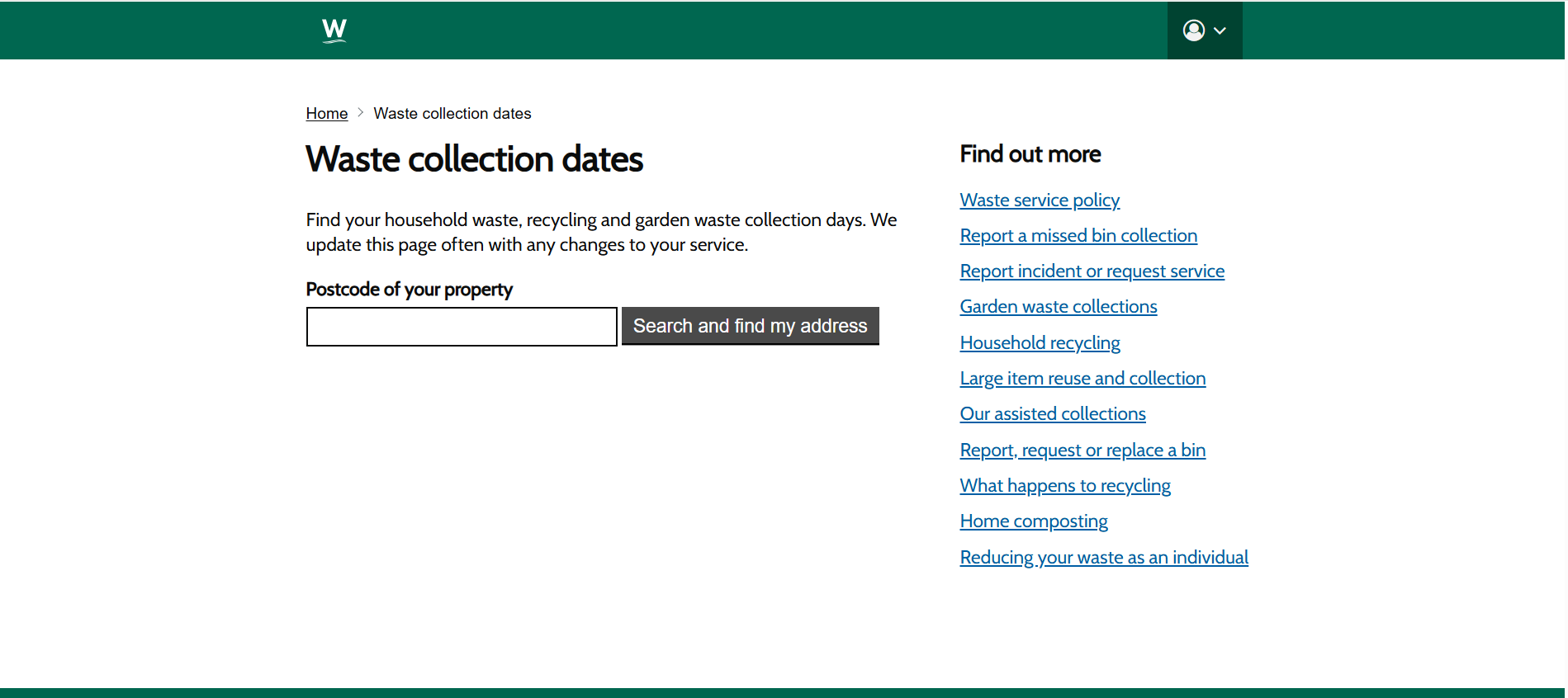 Wiltshire Council waste collection calendar postcode lookup page