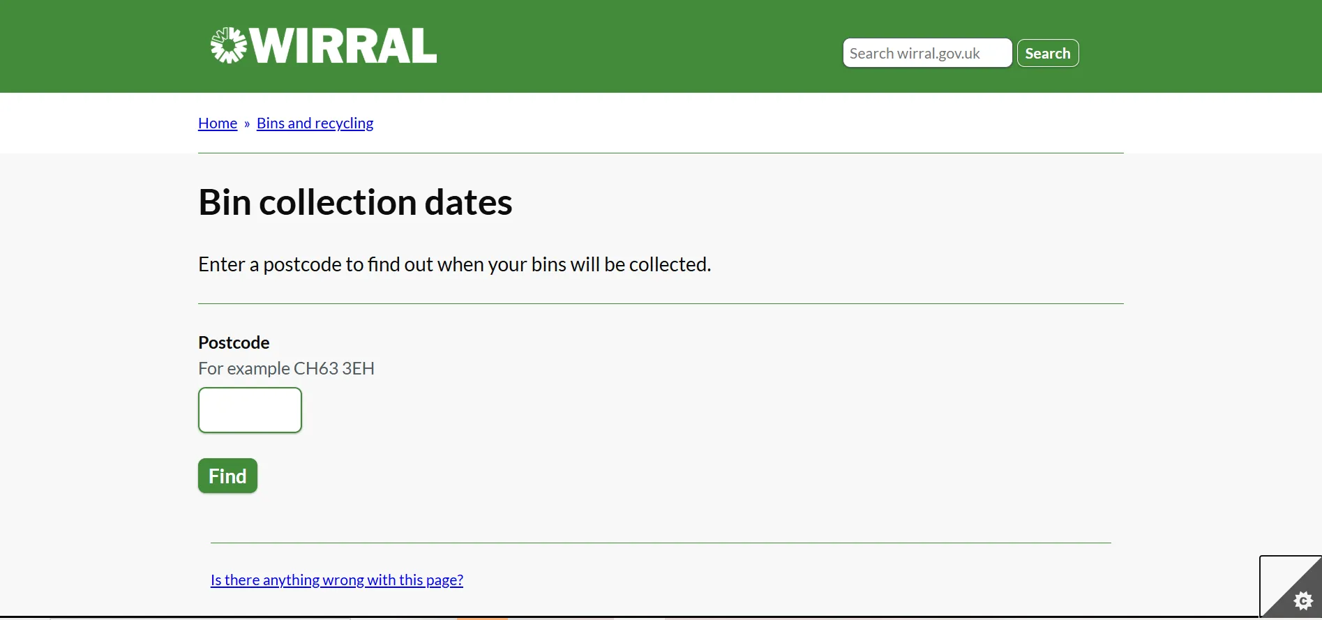 Wirral Council bin collection date checker postcode lookup page