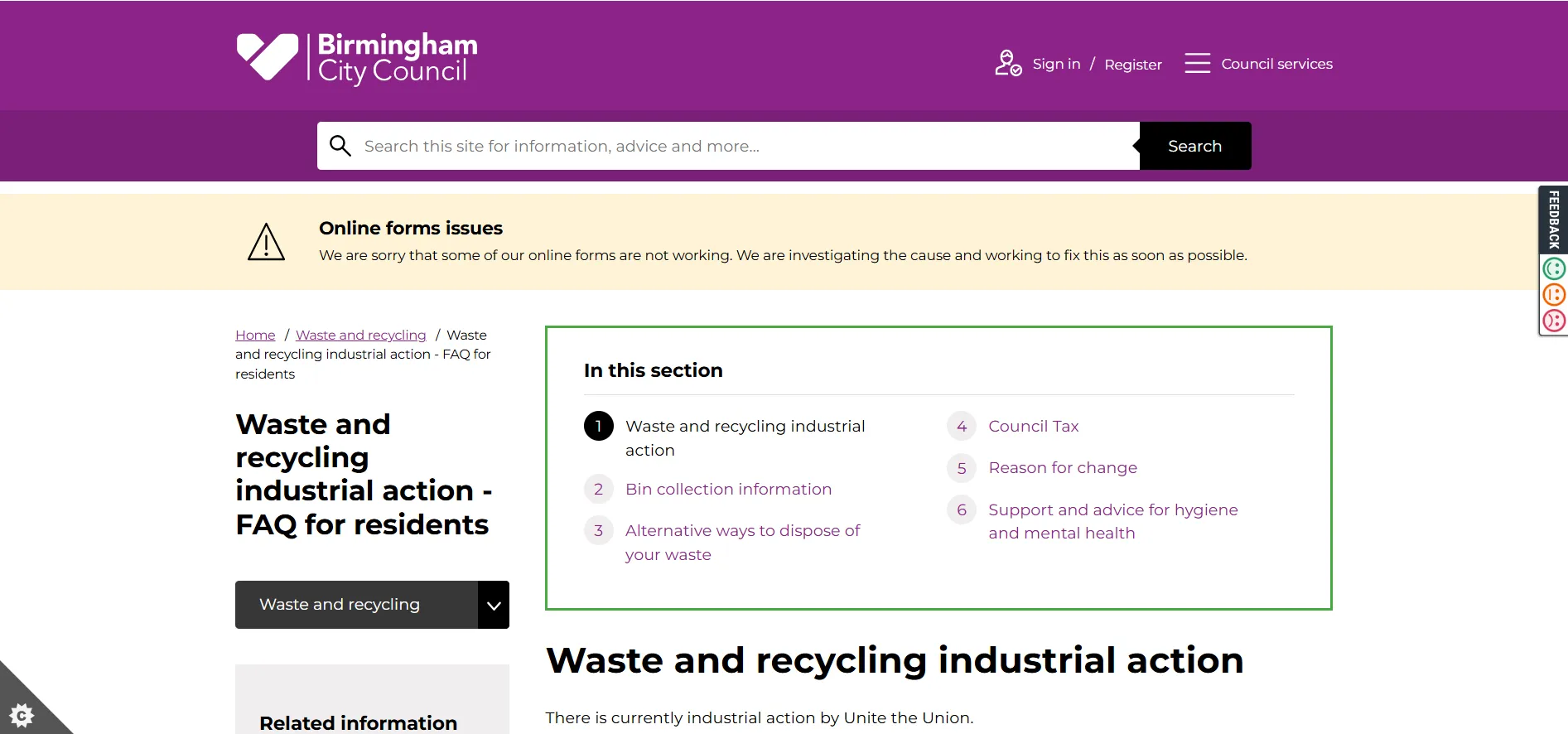 Birmingham City Council waste and recycling industrial action FAQ page for bin strike updates