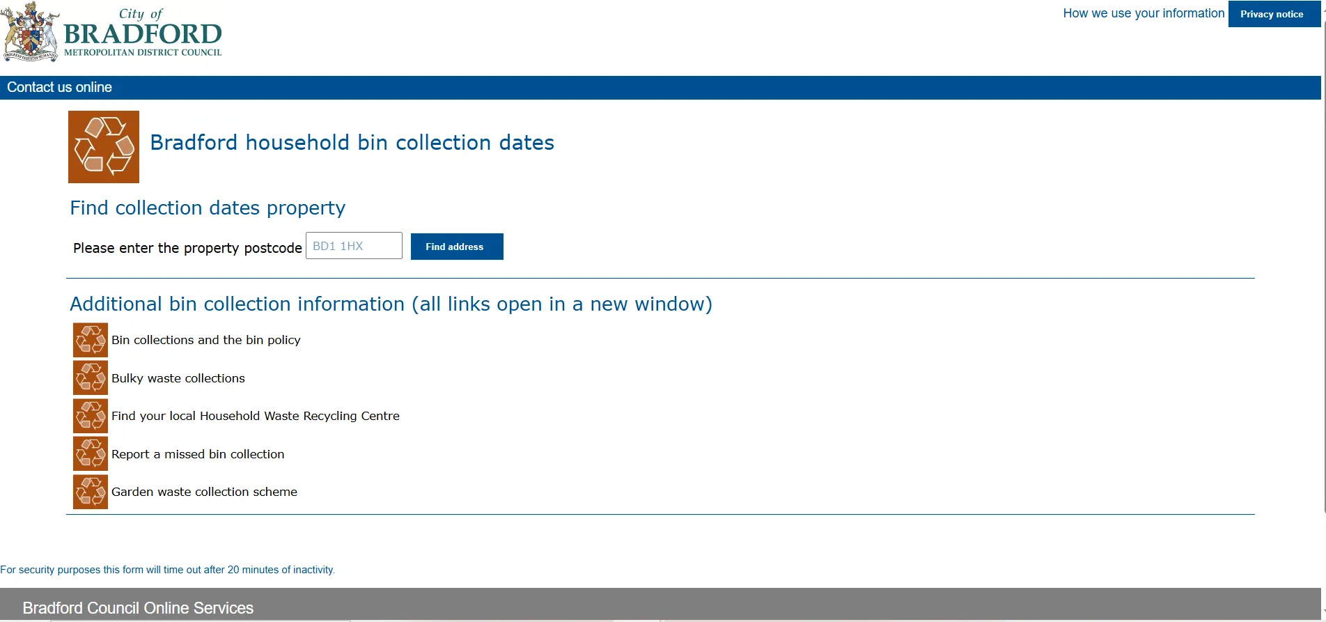 Bradford Council bin collection date checker page for waste and recycling calendar lookup