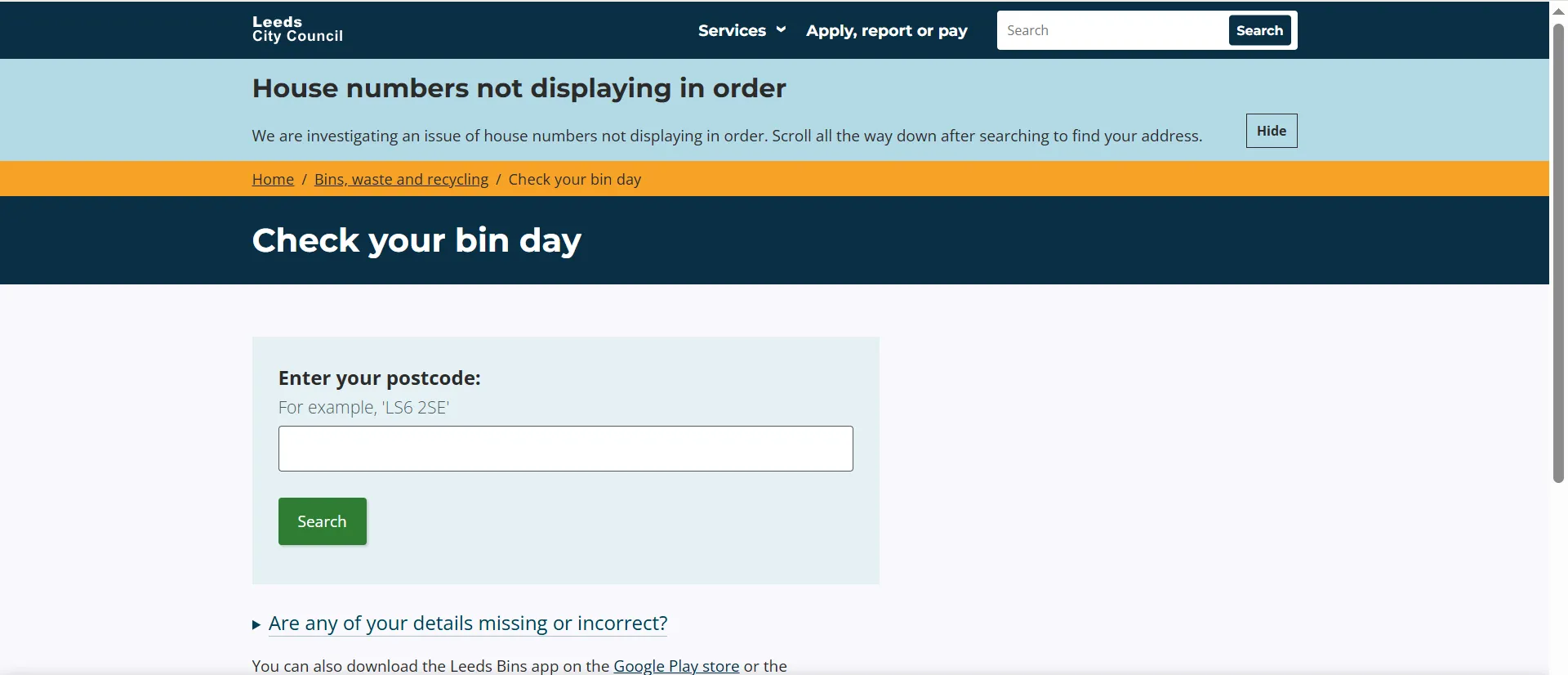 Leeds City Council bin day checker postcode lookup page