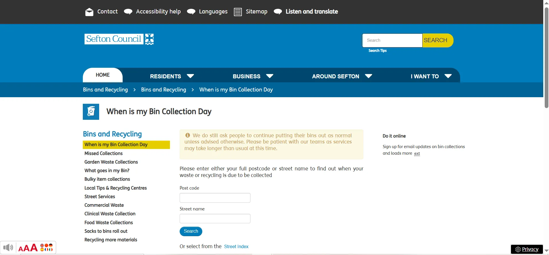 Sefton Council bin collection day checker page for waste and recycling calendar lookup