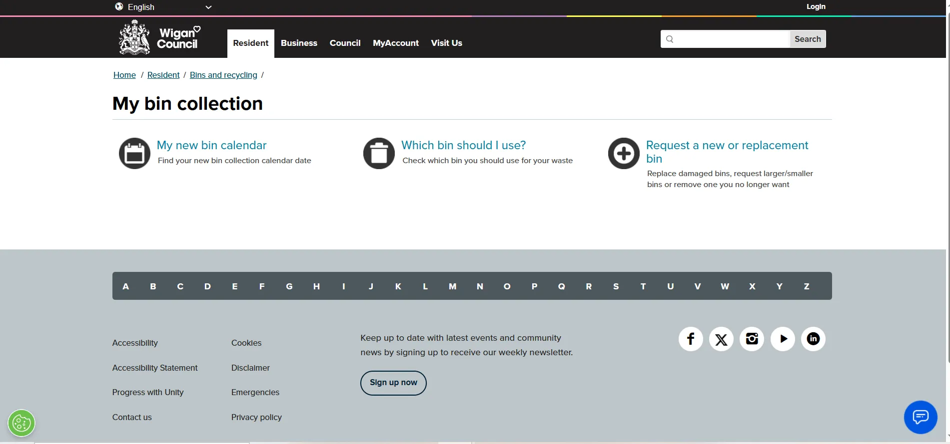 Wigan Council bin collection calendar checker postcode lookup page